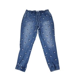 Disney Blue Faded Denim Wash Mickey Mouse Print Women's Jogger Jeans Size Large